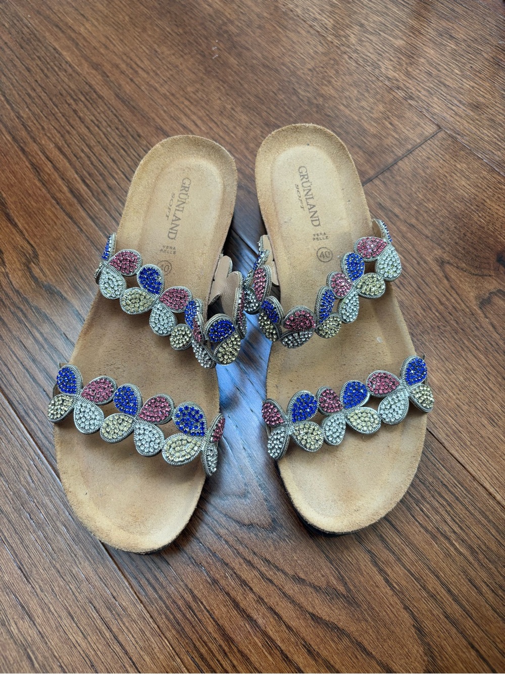 Embellished Slide Sandals in Tan with Multicolor Beads